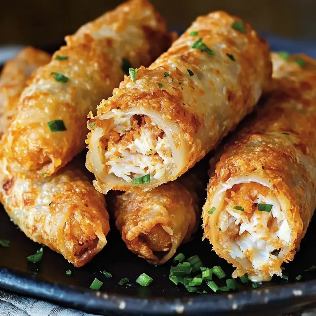 Golden brown rolled snacks packed with shredded chicken and sprinkled with bright green herbs.