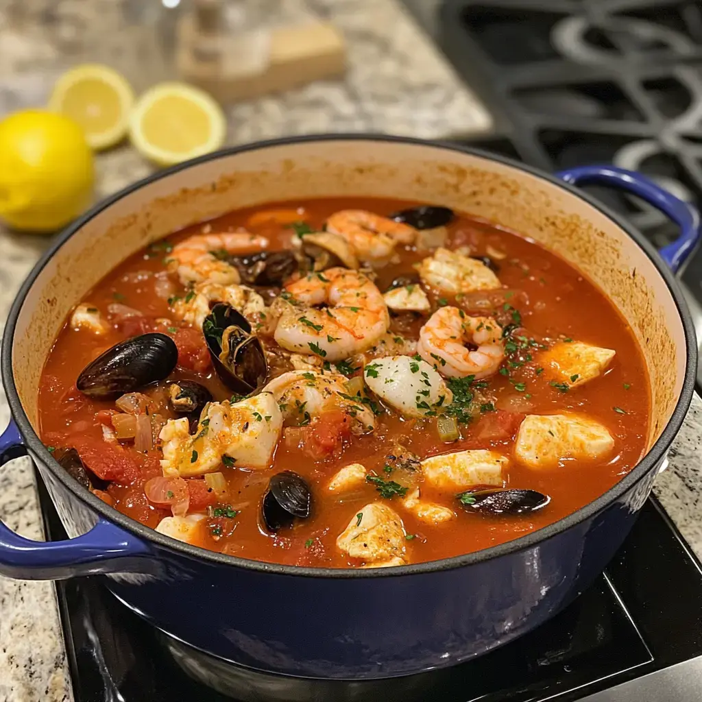A lively Dutch oven packed with mussels, shrimp, and pieces of fish simmering away in a herby tomato sauce. Lemon halves rest off to the side.