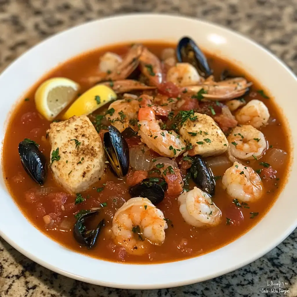 A soup bowl brimming with tomatoey seafood stew packed with shrimp, mussels, and tender fish, sprinkled with parsley and served with lemon wedges.