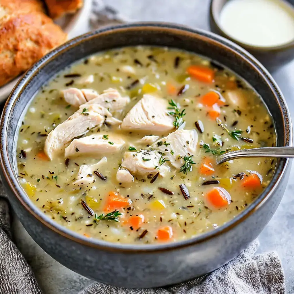 A bowl filled up with creamy chicken soup, chunky veggies, and fresh herbs, with a shiny spoon beside it.