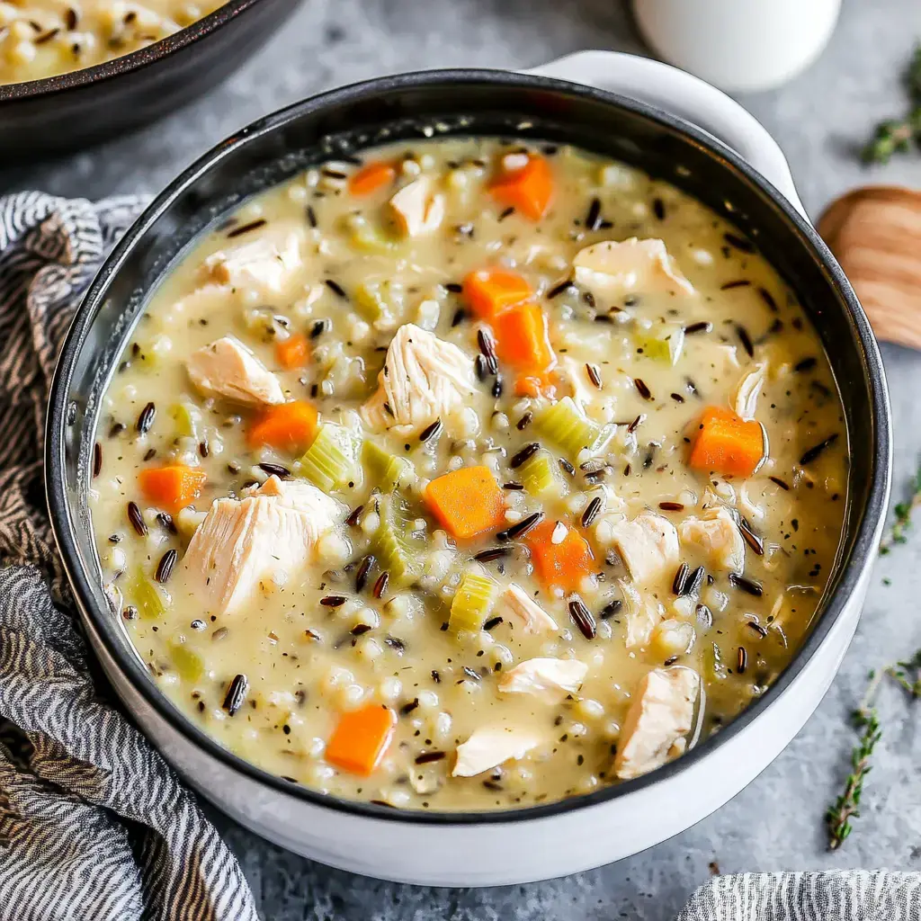 A close-up shot of creamy chicken wild rice soup with juicy chicken chunks, carrot slices, and celery peeking from a golden broth.