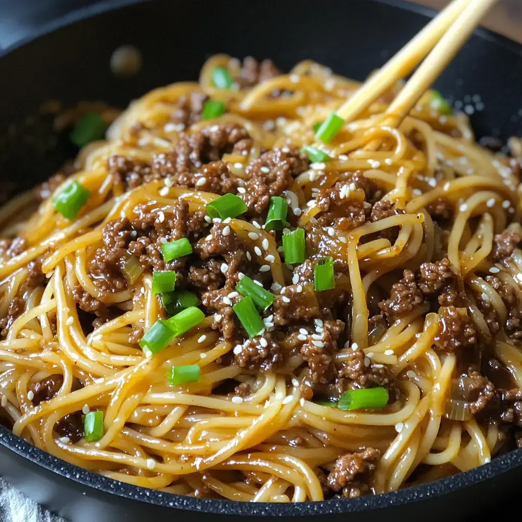 Noodles loaded with seasoned beef, green onions, plus sesame on top, up close in a bowl.