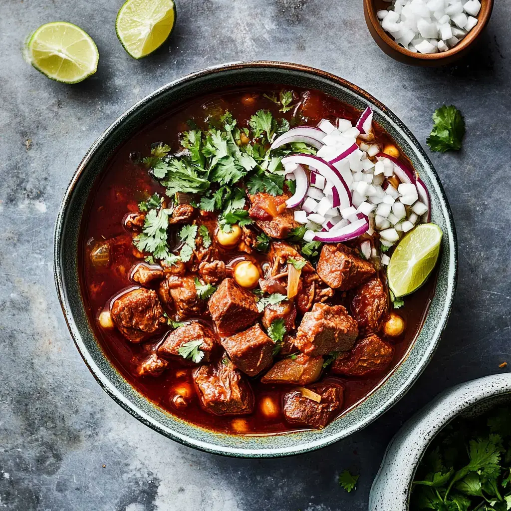 A cozy serving of chunky stew with juicy meat, cilantro, onion bits, and lime wedges, all on a rough gray table.