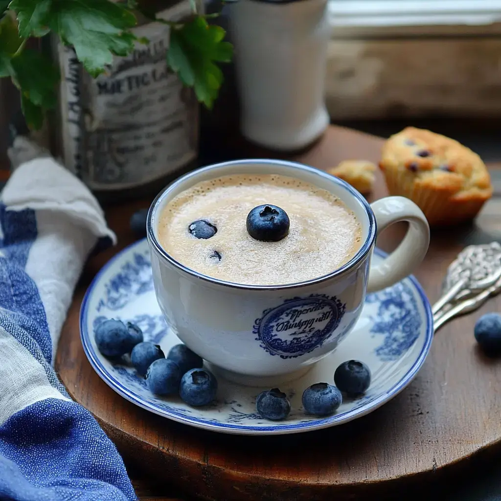 A mug of coffee with blueberries on top, surrounded by scattered berries, a muffin, and a napkin on wood.