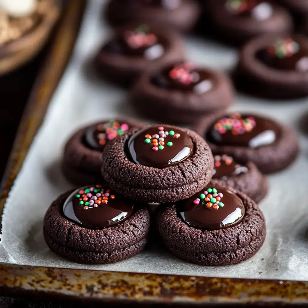 A plate stacked with chocolate thumbprint cookies covered in shiny chocolate and colorful sprinkles.