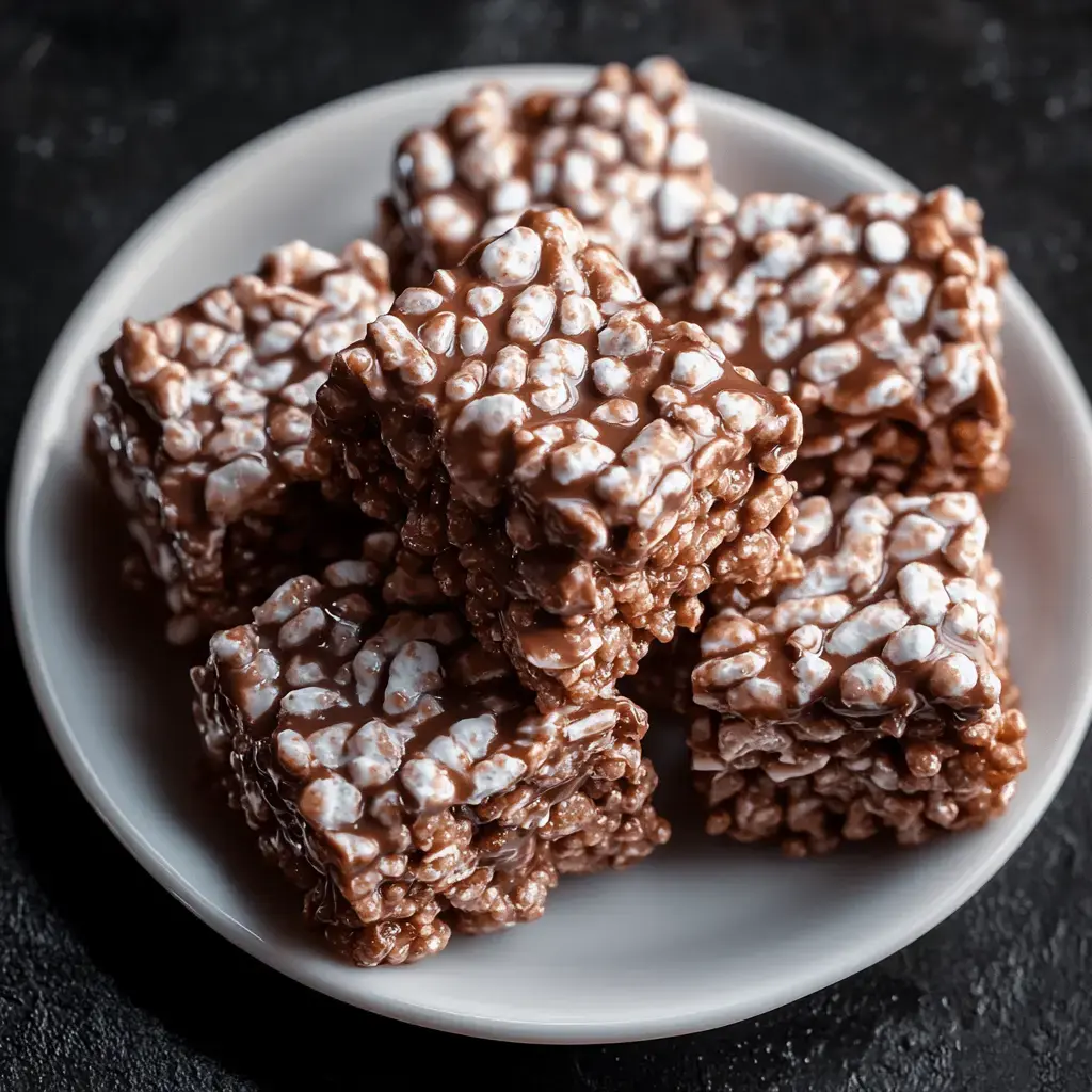 A plate stacked with chocolate-covered crispy treats.