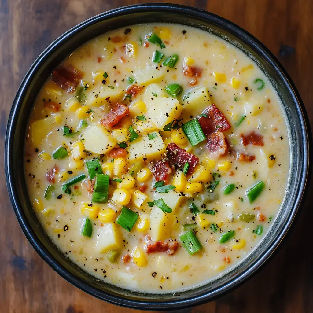 A bowl filled with rich, creamy corn and potato chowder, topped with crisp bacon pieces and chopped green onion.