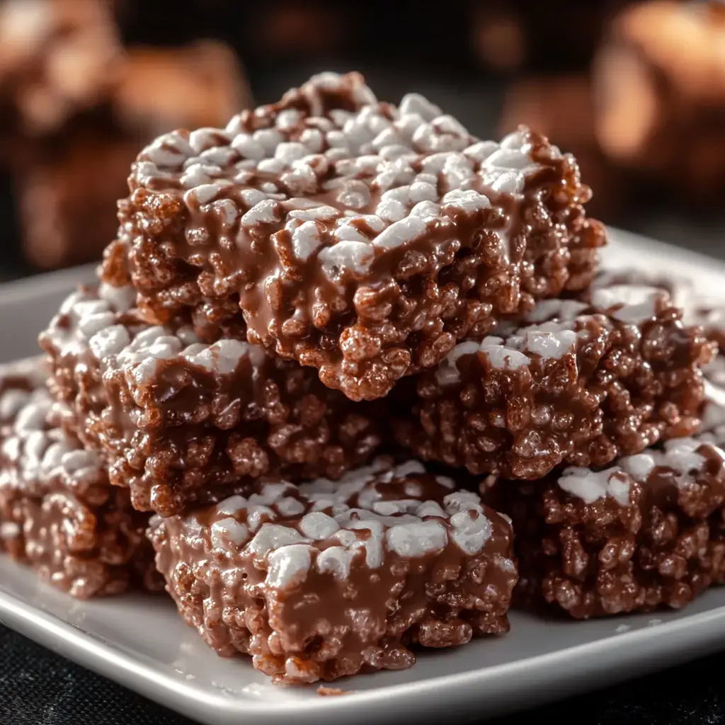 Chocolatey, crispy treats stacked on a white dish.