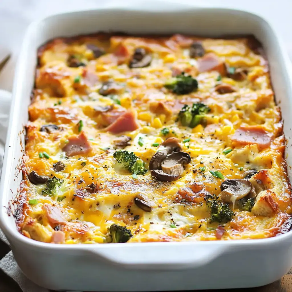 A golden casserole packed with eggs, cheese, broccoli, ham, and mushrooms in a white pan.