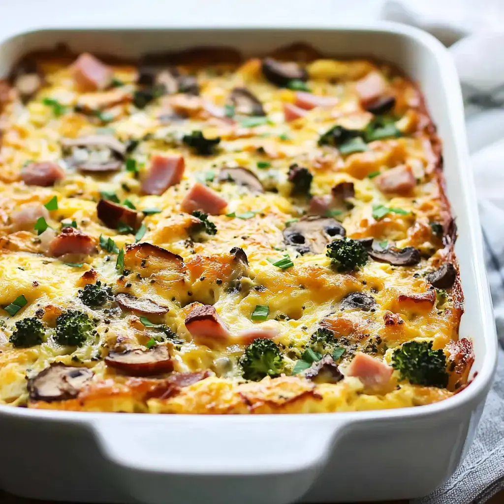 A colorful bake packed with eggs, broccoli, ham, mushrooms, and green onions in a white dish.