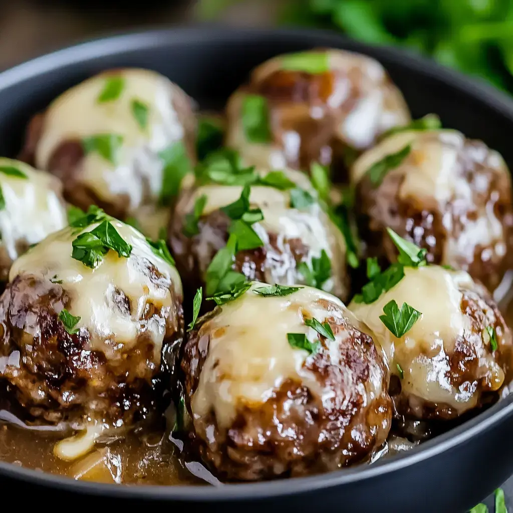 Juicy meatballs covered in melted cheese, sprinkled with fresh parsley, all nestled in a dark serving bowl.