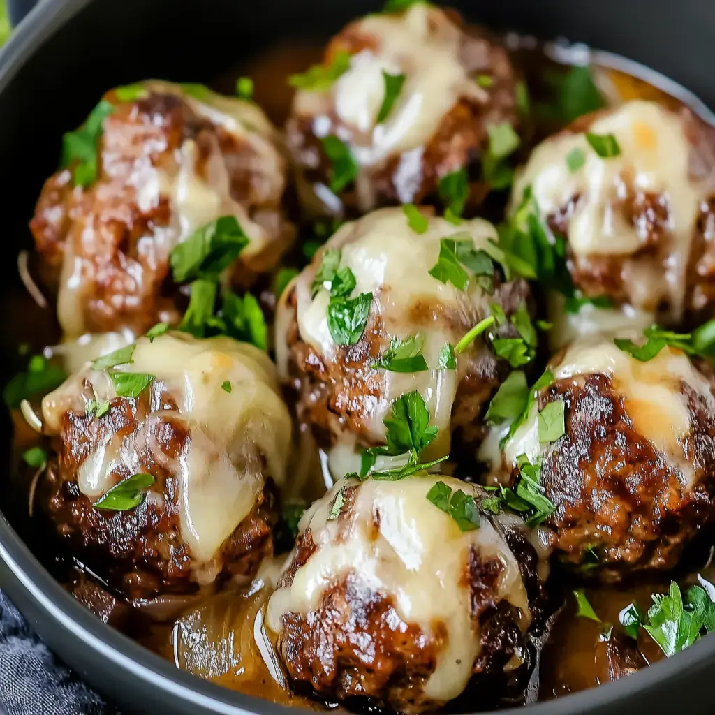 Hearty meatballs smothered in cheese with a parsley sprinkle, all in a deep serving bowl.