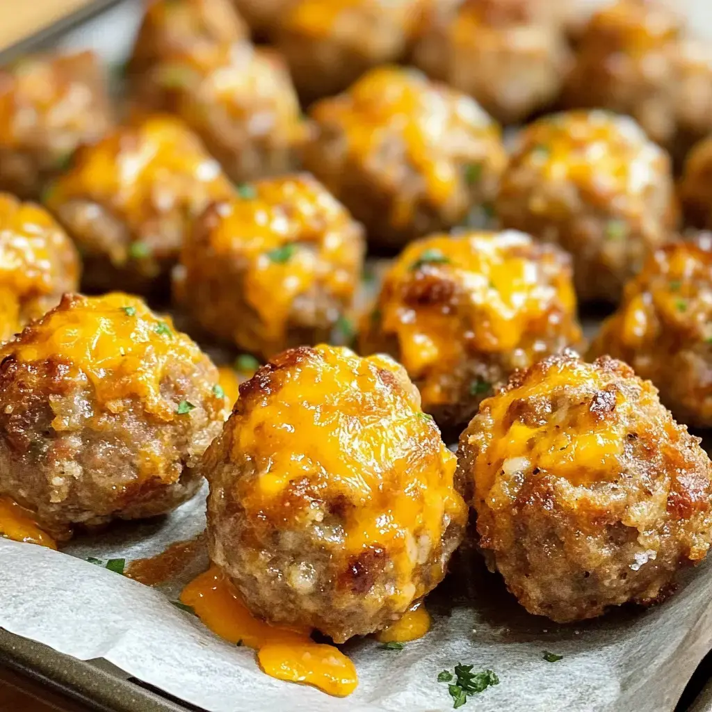 Golden meatballs with melty cheddar cheese sitting on parchment paper, up close.