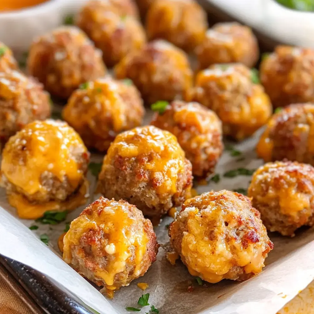 Baked meatballs topped with gooey cheese and some fresh parsley on a tray.
