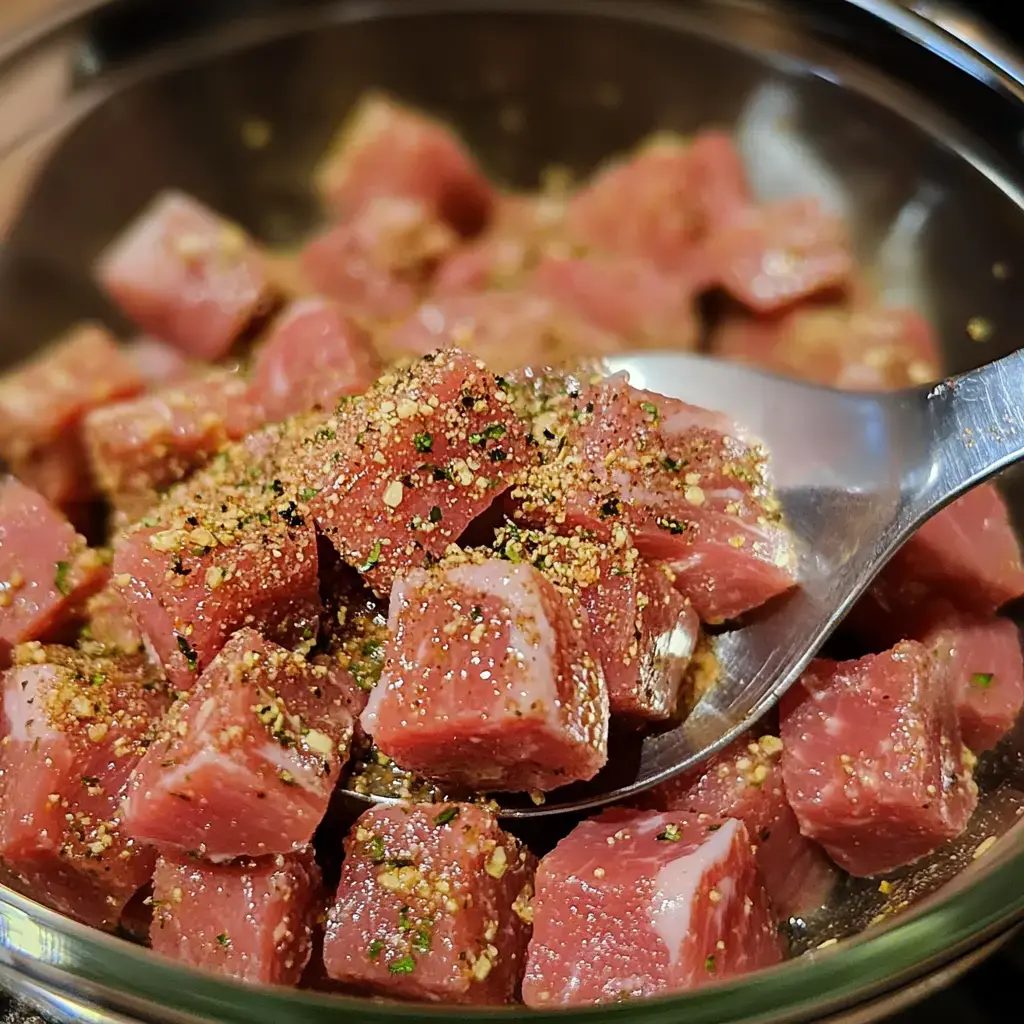 Chunks of raw steak with spices sit in a clear bowl, and there’s a spoon leaning on the edge.