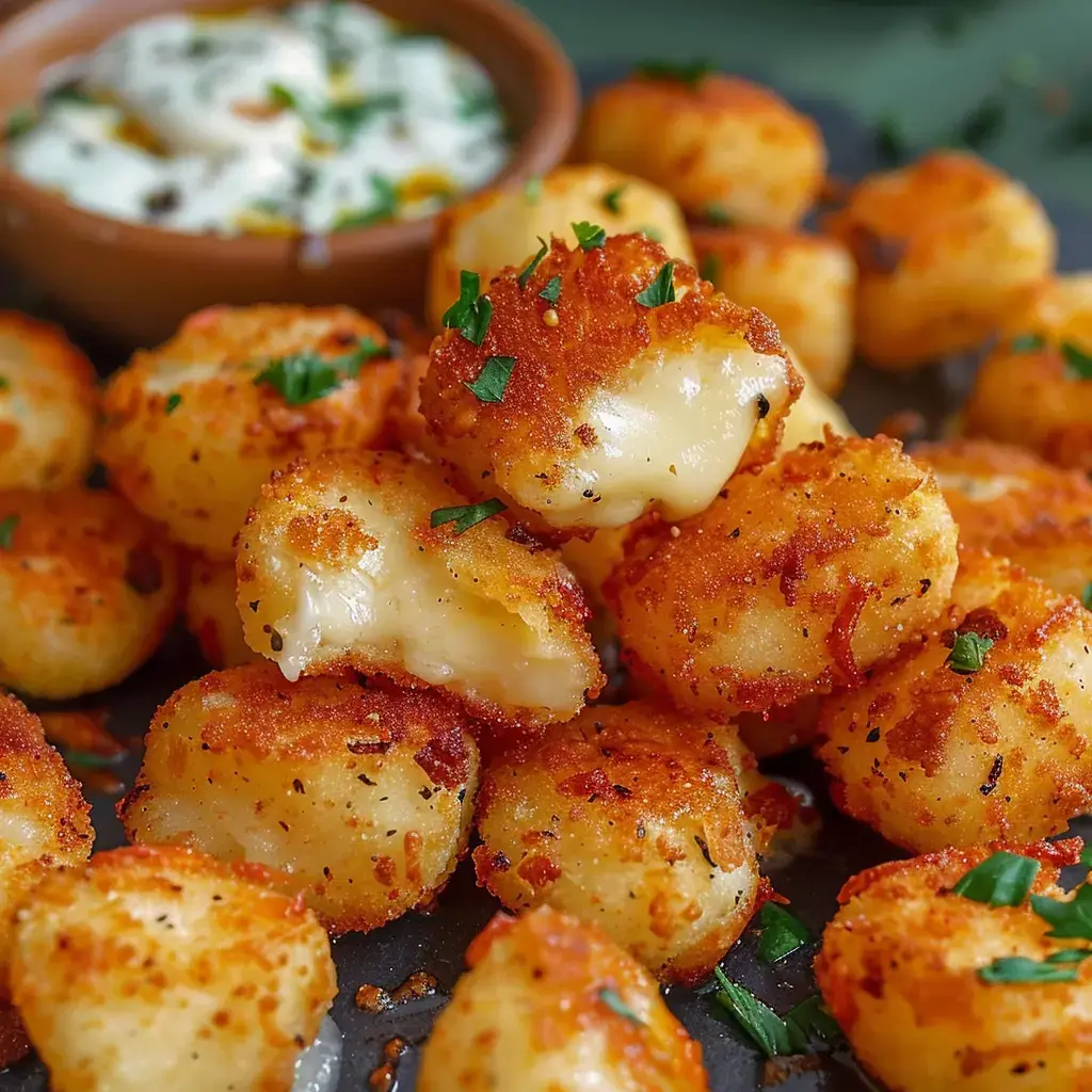 Zoomed-in shot of crunchy, golden cheese-stuffed bites covered with parsley, plus a bowl of dip in the background.