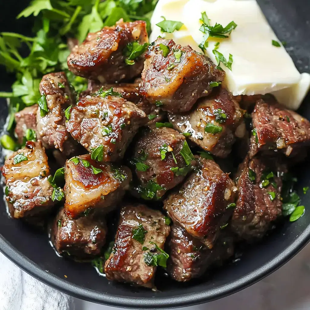 Tender beef chunks topped with fresh herbs and a scoop of melting butter, sitting in a bowl.