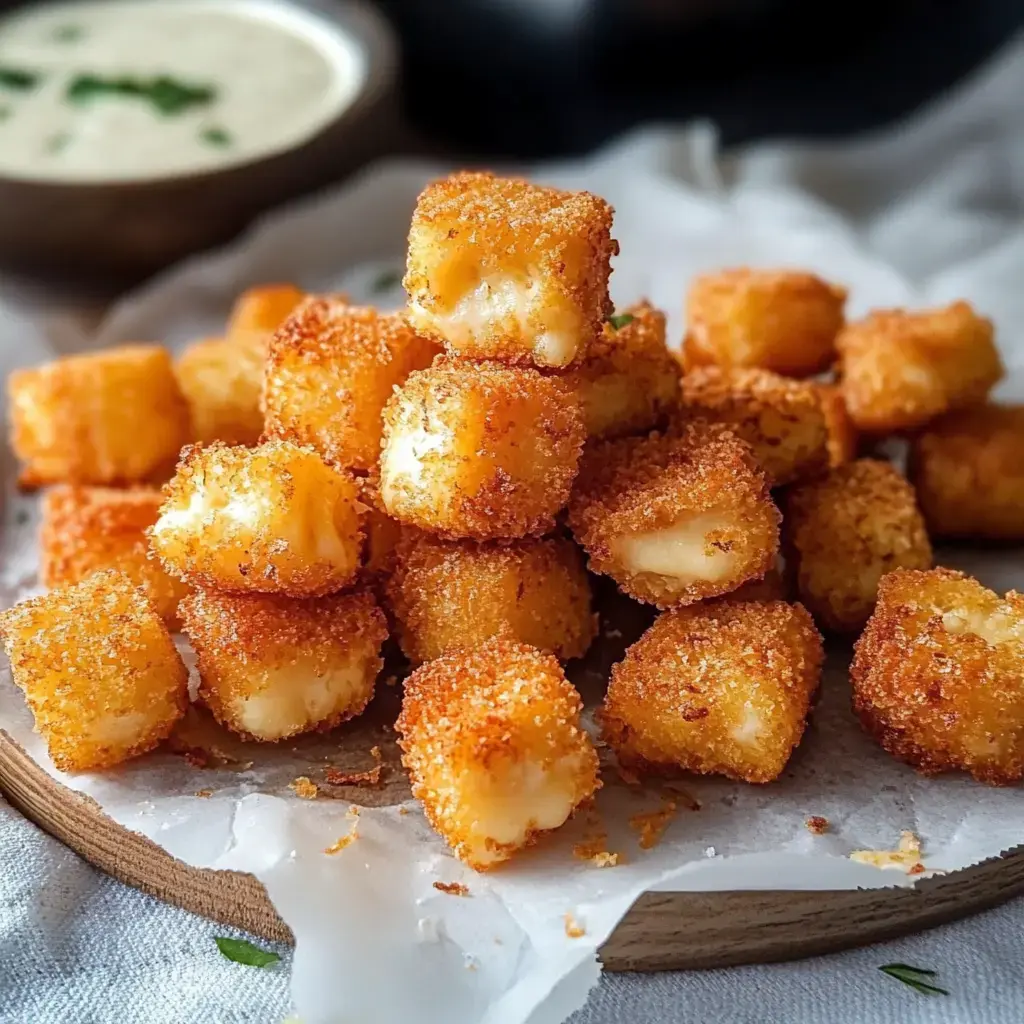 Stack of crunchy, golden cheese cubes on a wood plate with dip bowl sitting behind.