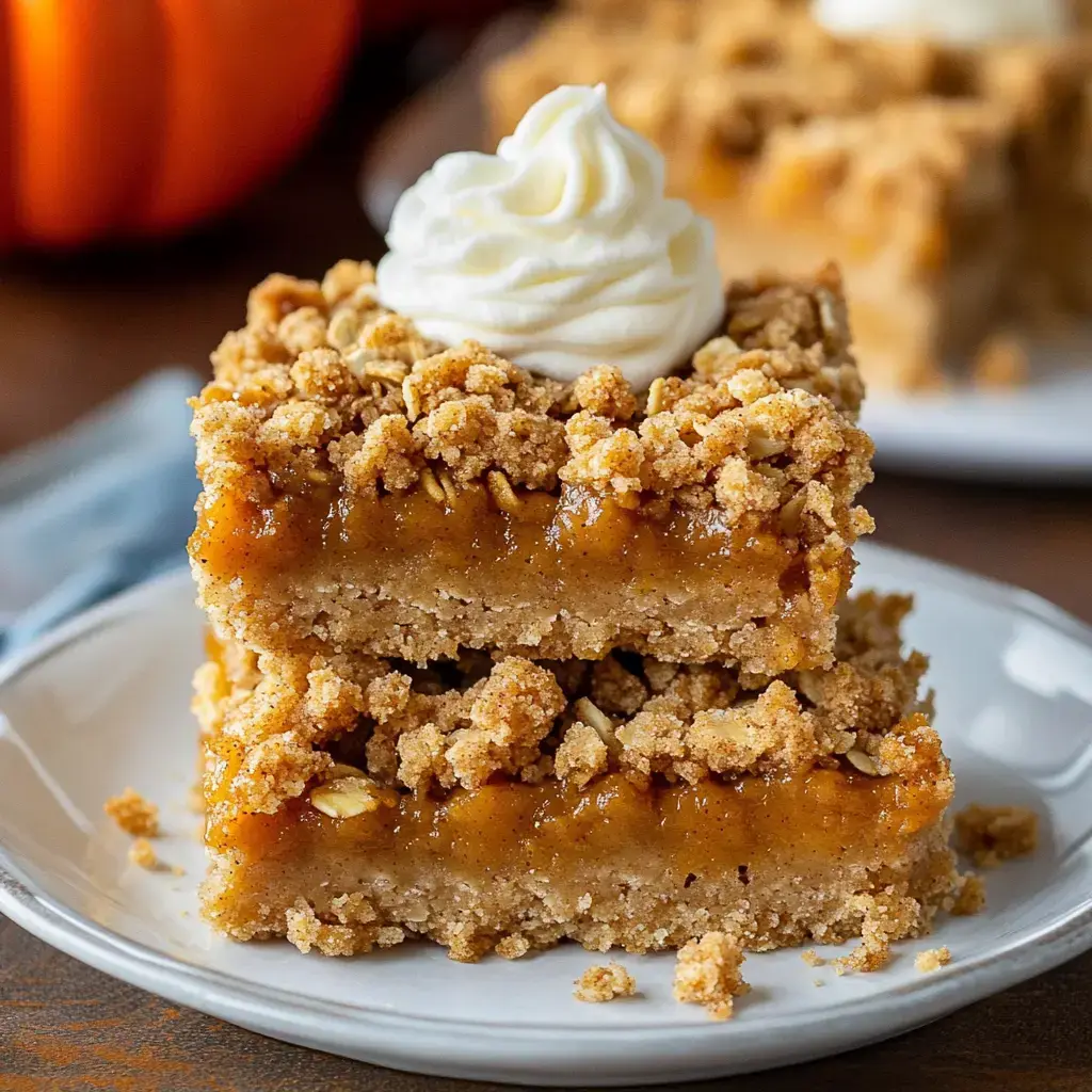 Close-up shot of pumpkin crumb bars layered with whipped cream, sitting on a white plate with a pumpkin softly blurred behind.