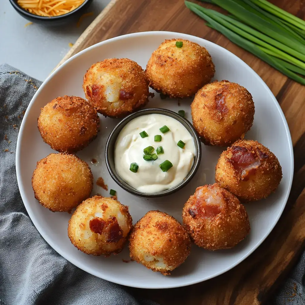 Golden potato balls fried with bacon peeking out, all arranged on a plate with a bowl of dip in the middle and fresh green onion sprinkled on top.