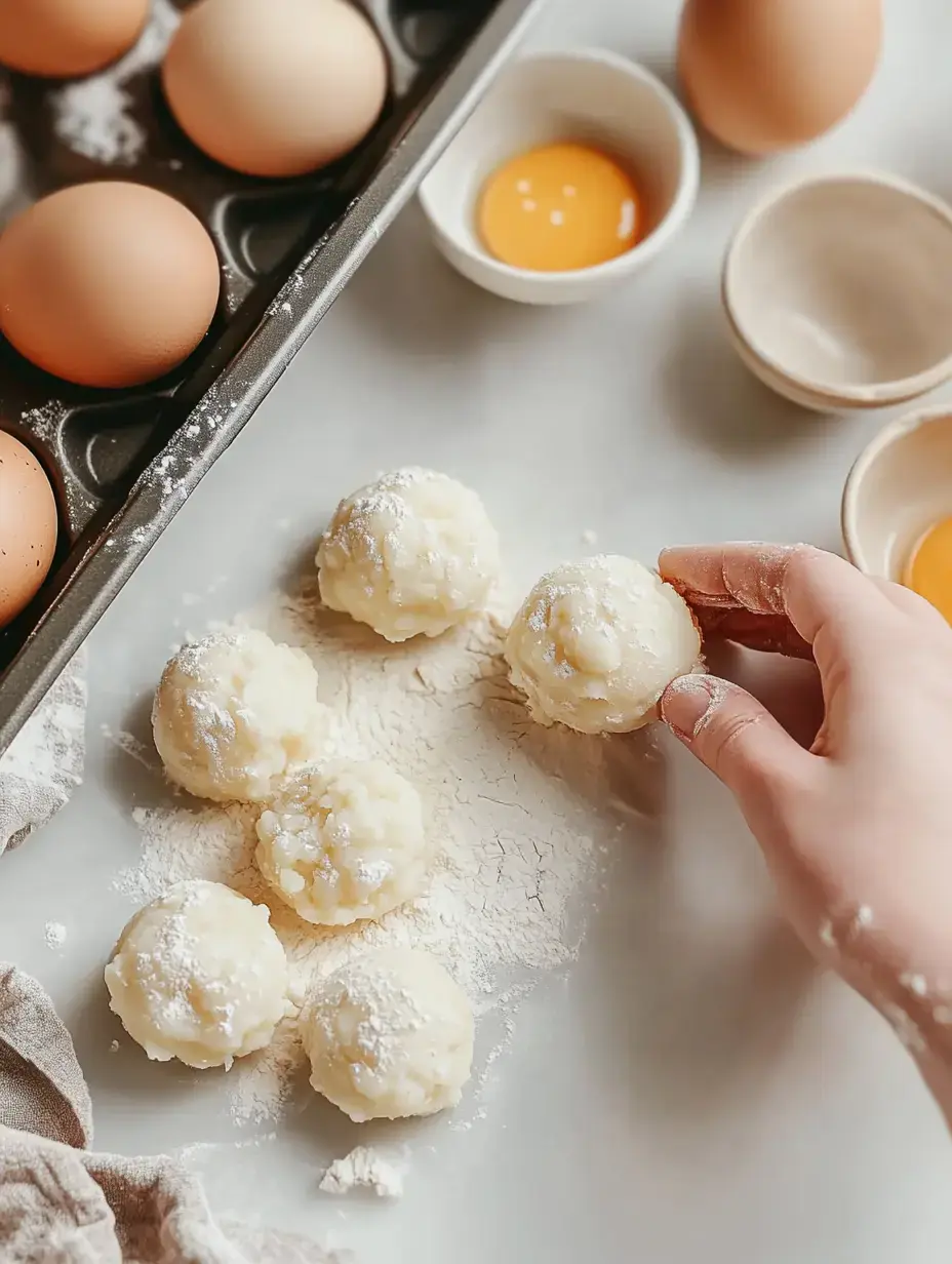 A dusted countertop with a hand picking up a dough round, eggs in a tray close by, and yolks in a bowl ready for dipping.