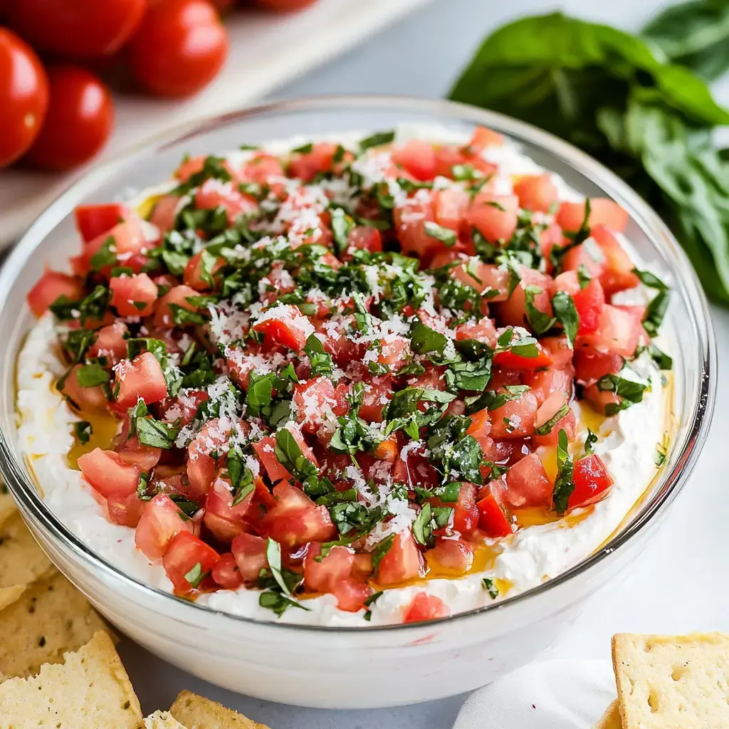 Glass bowl packed with a smooth dip, topped with chopped tomatoes, bits of basil, and a sprinkle of cheese, surrounded by crackers and whole tomatoes in the backdrop.