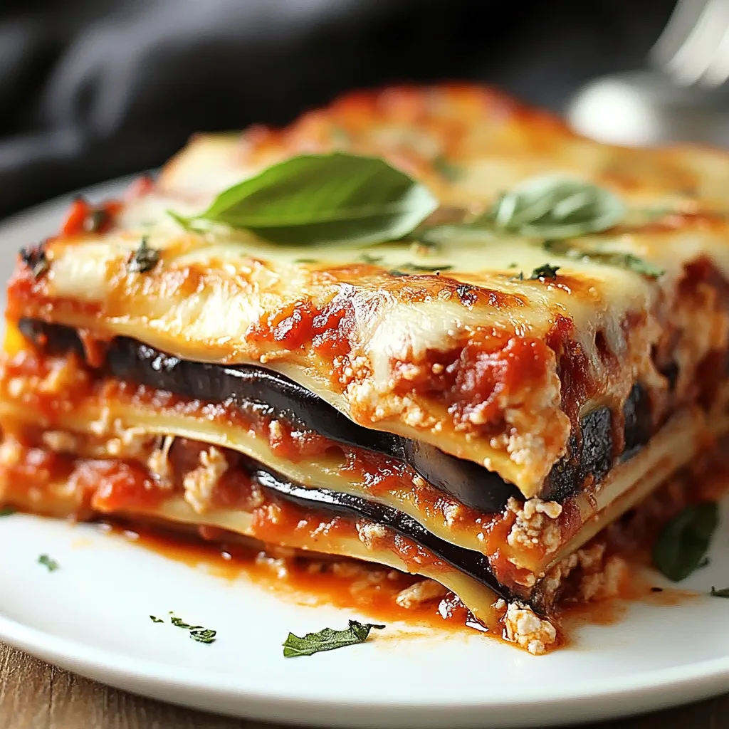 A stack of lasagna with green leaves on top.