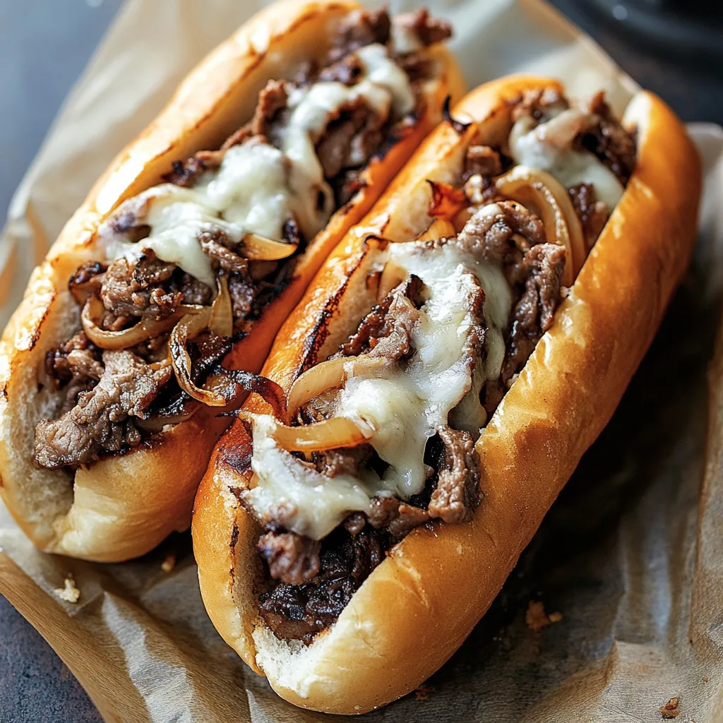 Two sandwiches with meat and cheese.