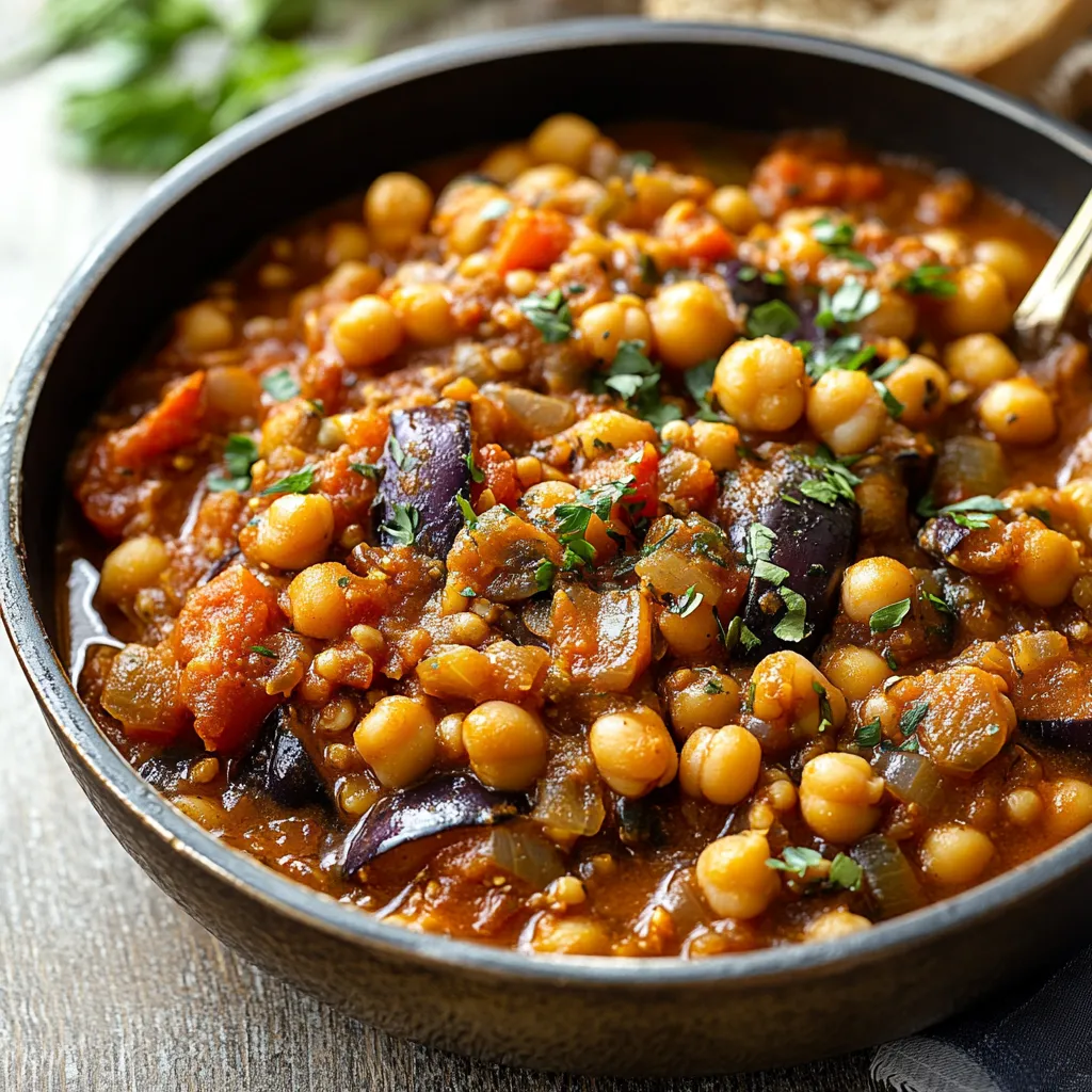 A bowl of soup with chickpeas, onions, and purple vegetables.
