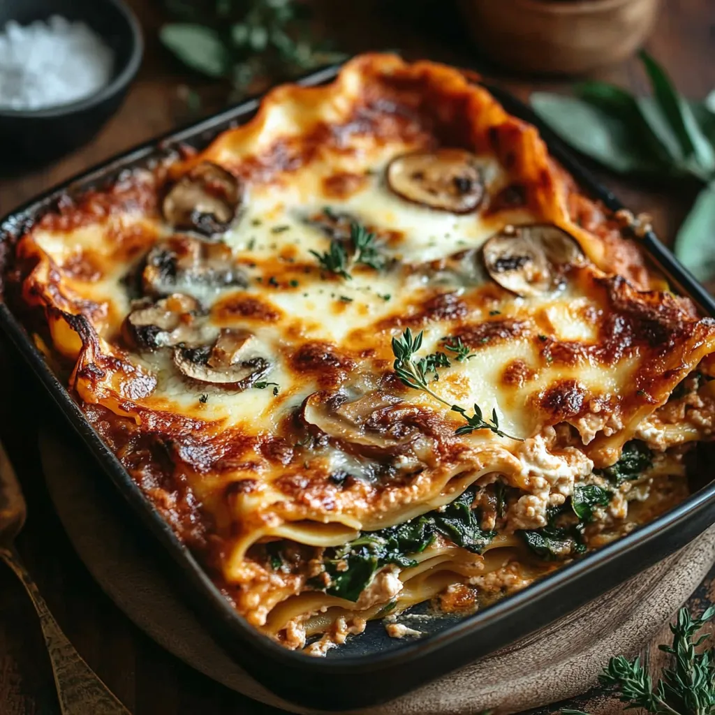 A pan of lasagna with mushrooms and cheese.