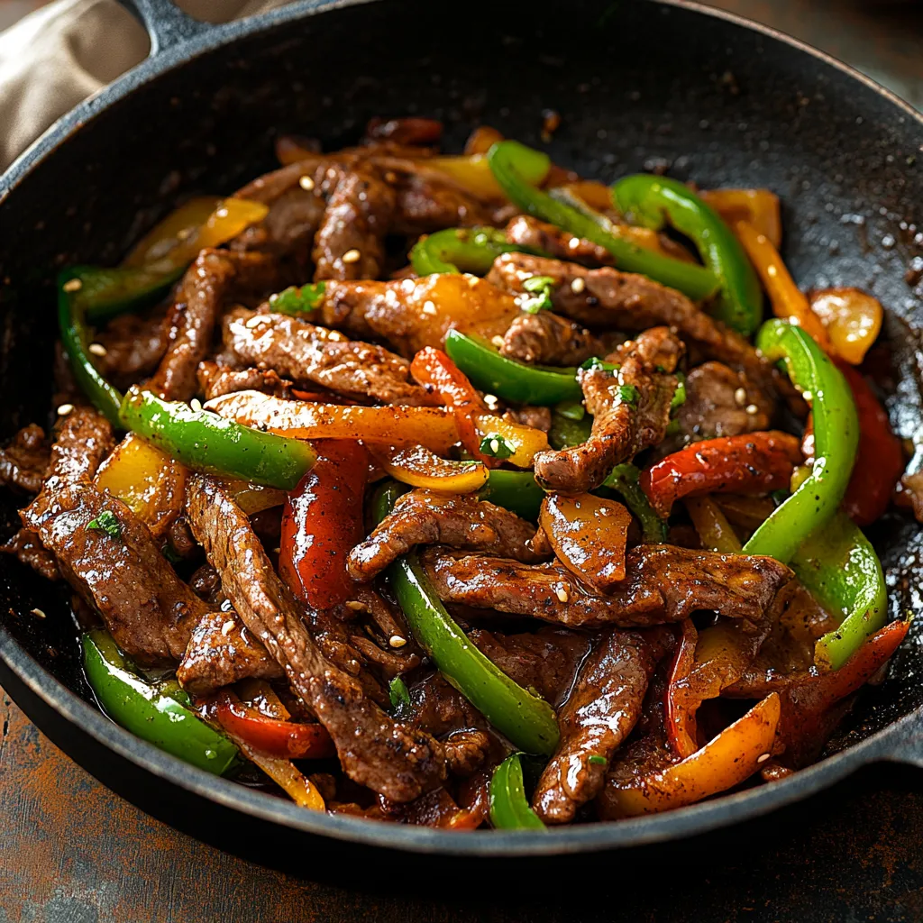 A pan of beef and peppers.
