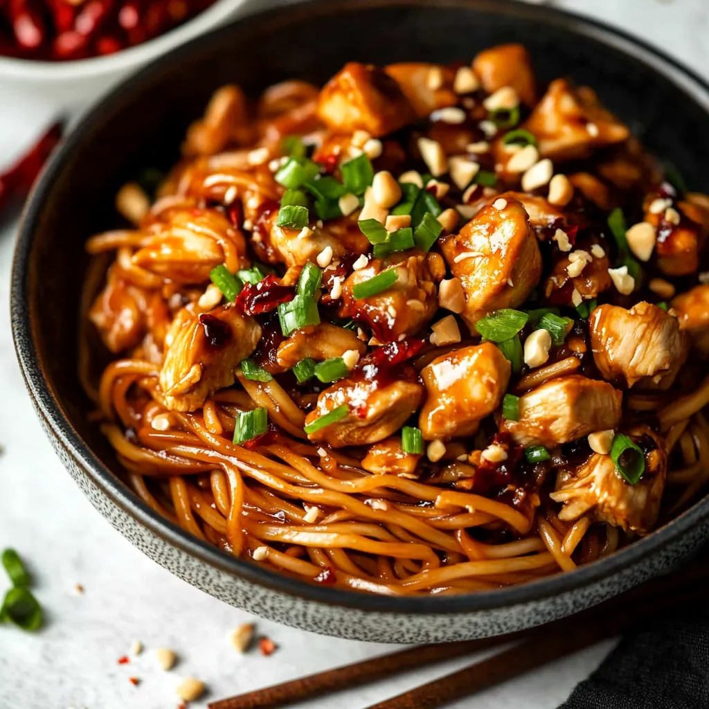 A bowl of chicken and noodles.
