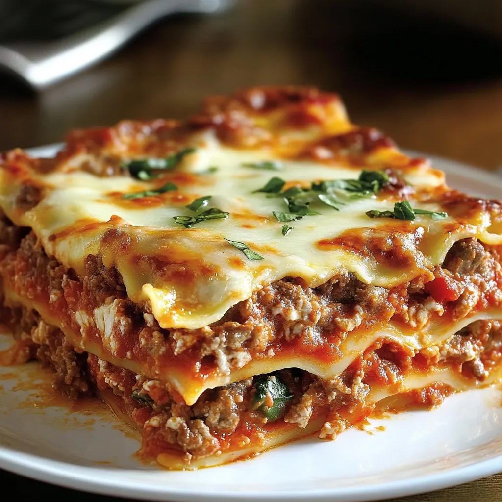 A plate of lasagna with cheese and green vegetables.