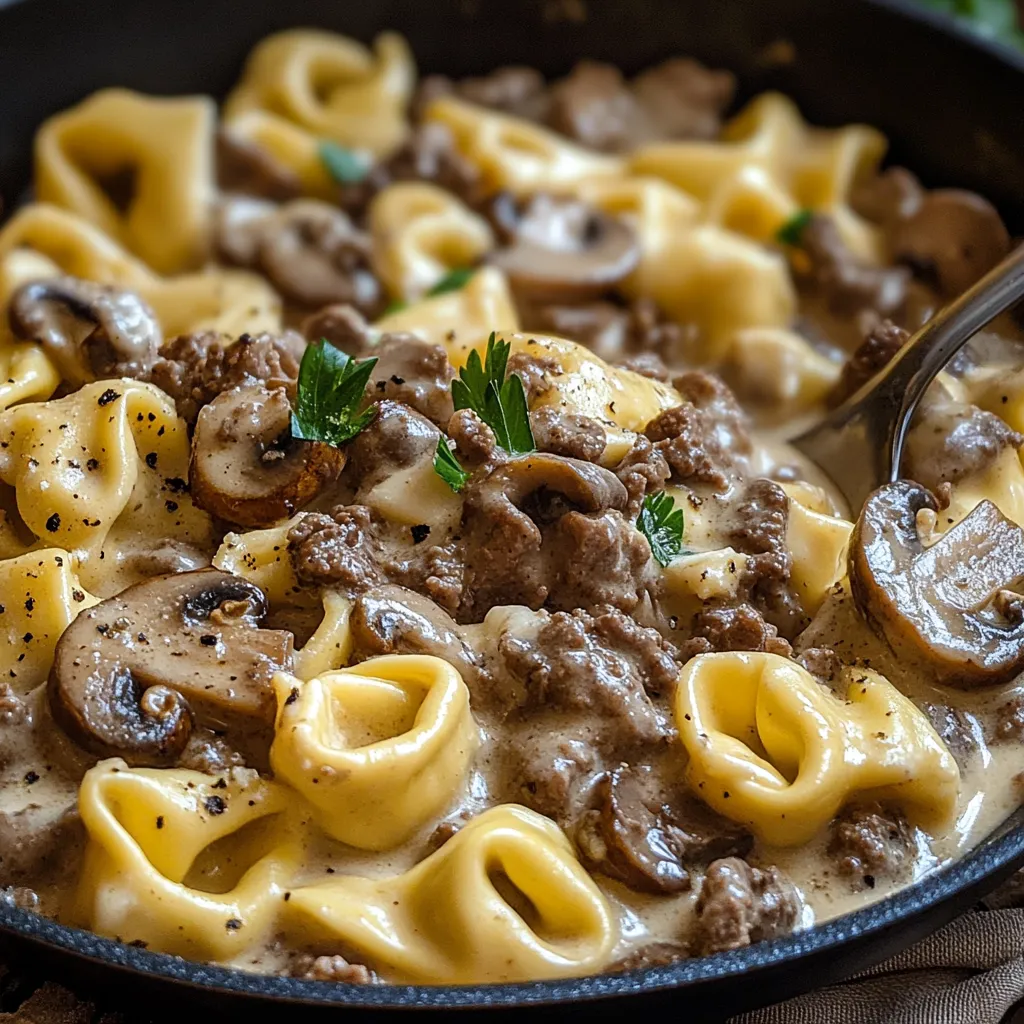 A bowl of pasta with meat and mushrooms.