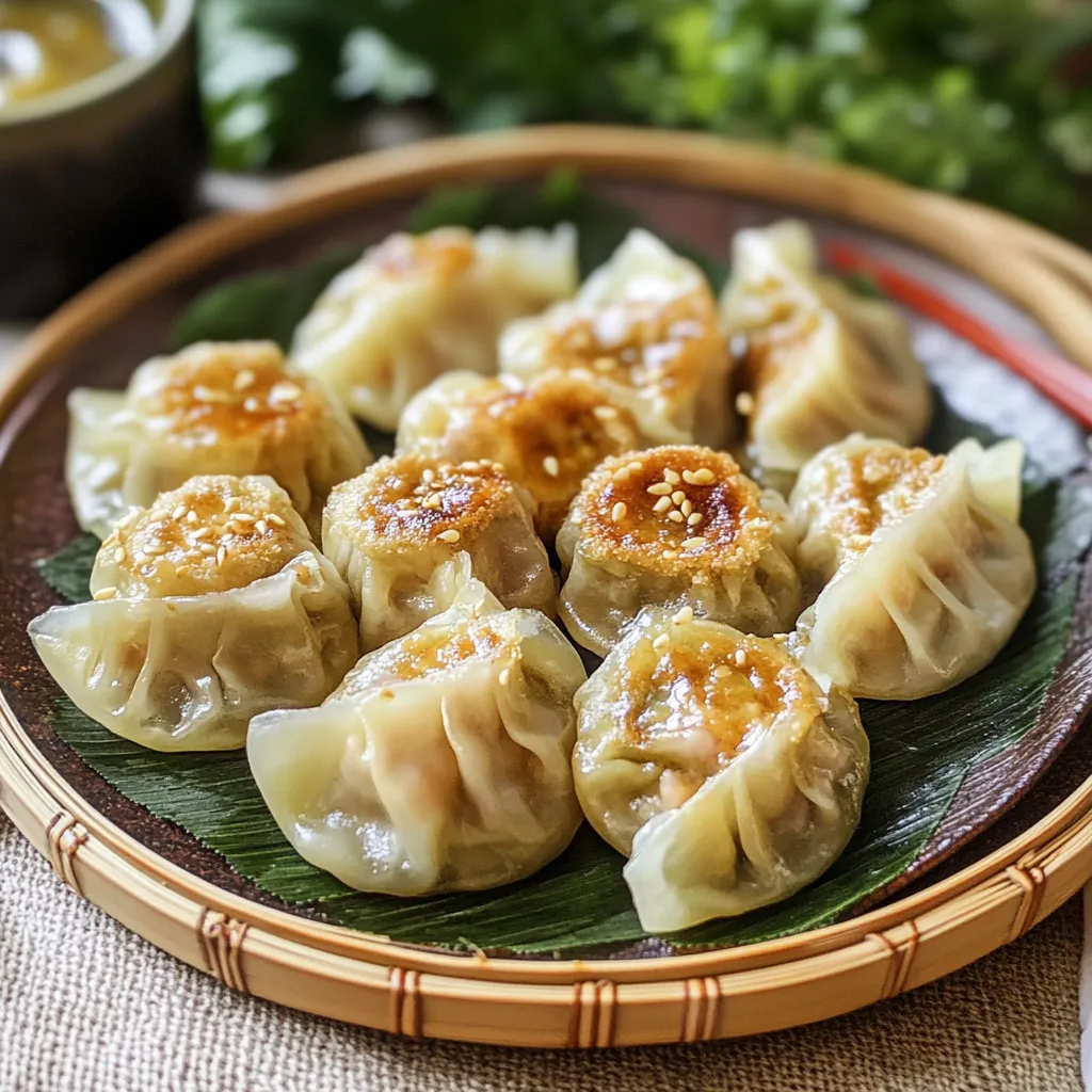 A plate of dumplings with a sauce on top.