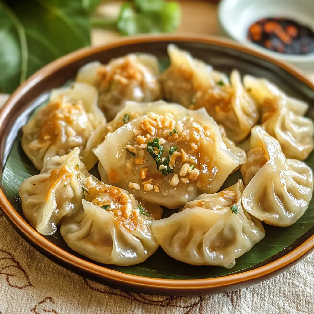 A plate of dumplings with a sauce on top.
