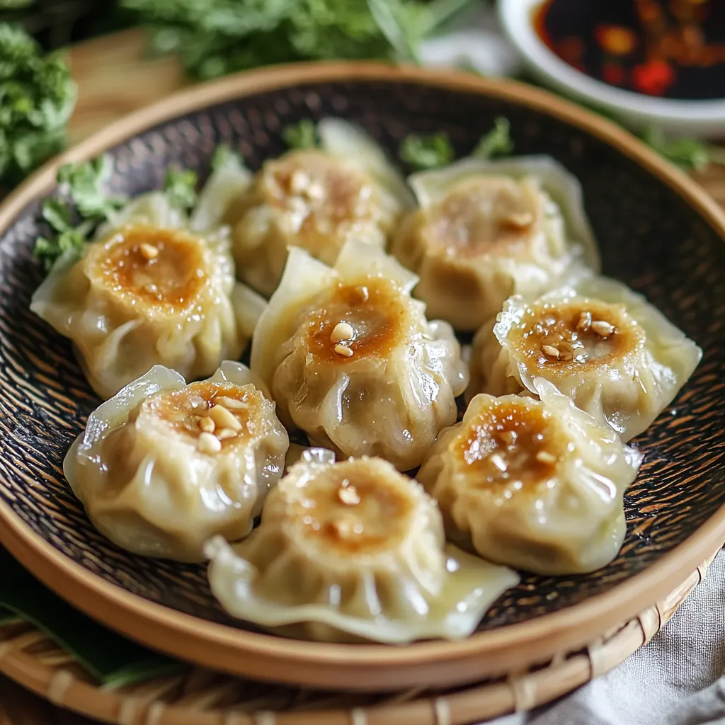 A plate of dumplings with a sauce.
