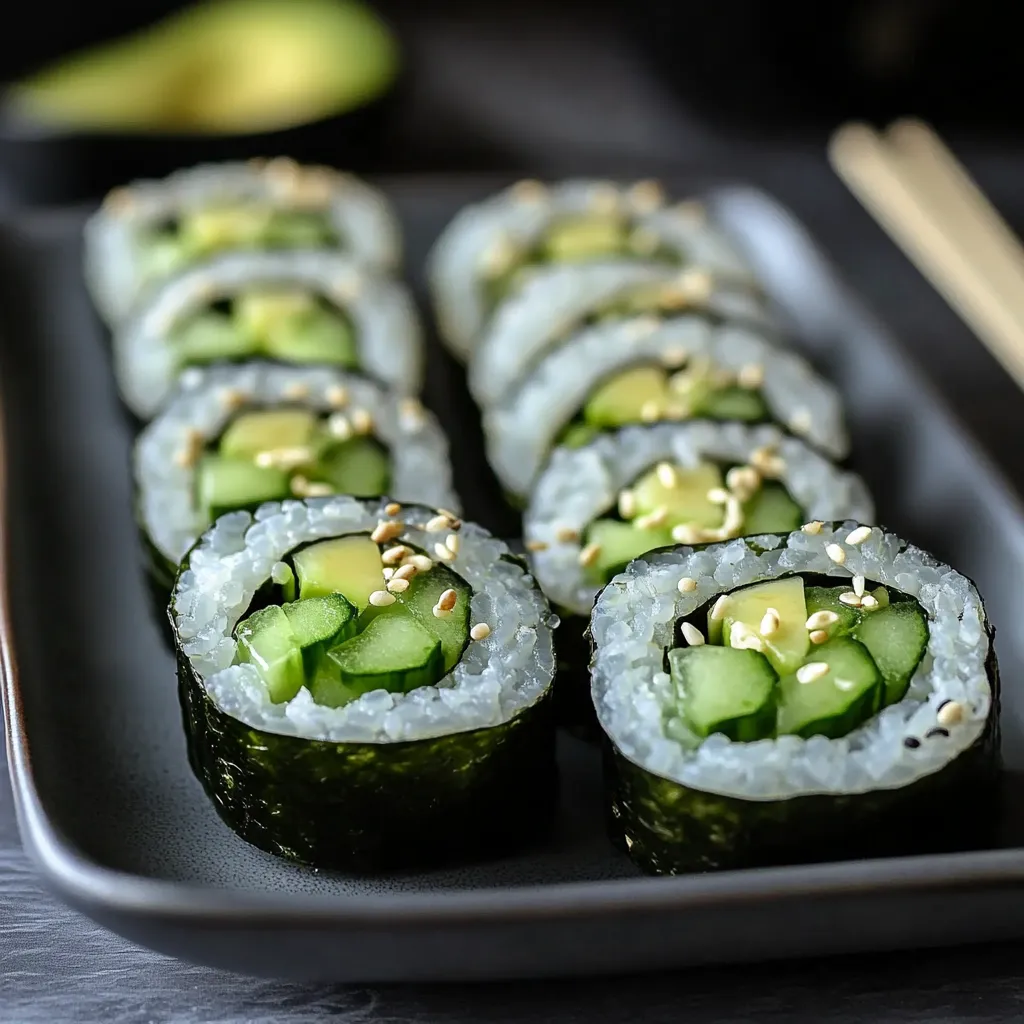 A plate of sushi with rice and cucumbers.