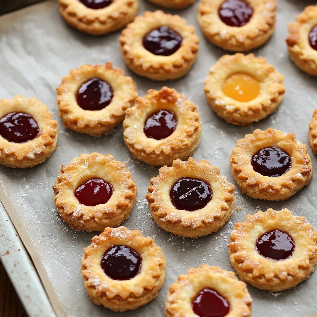 A tray of cookies with jelly in the middle.