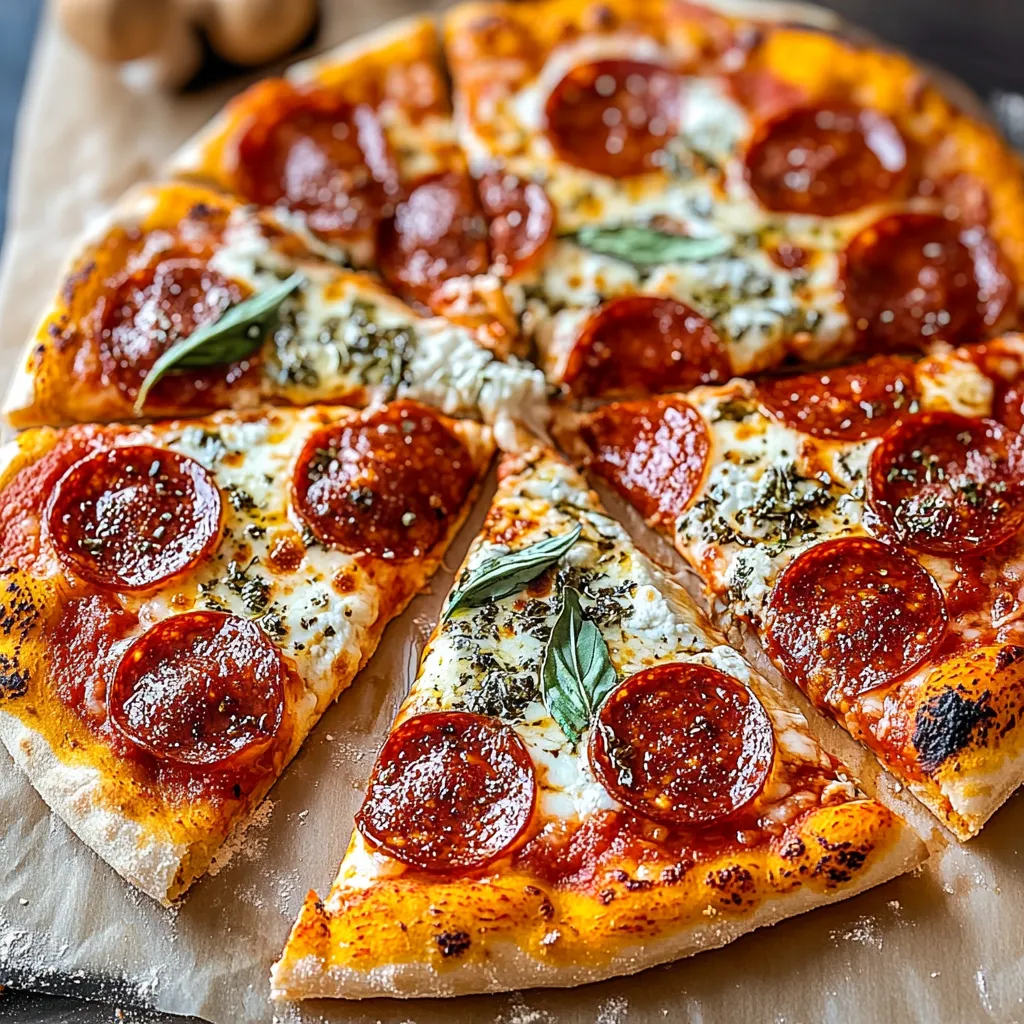 A pizza with pepperoni and cheese on a wooden board.