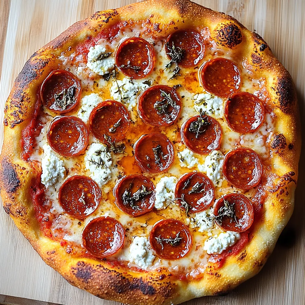 A pizza with pepperoni and cheese on a wooden table.