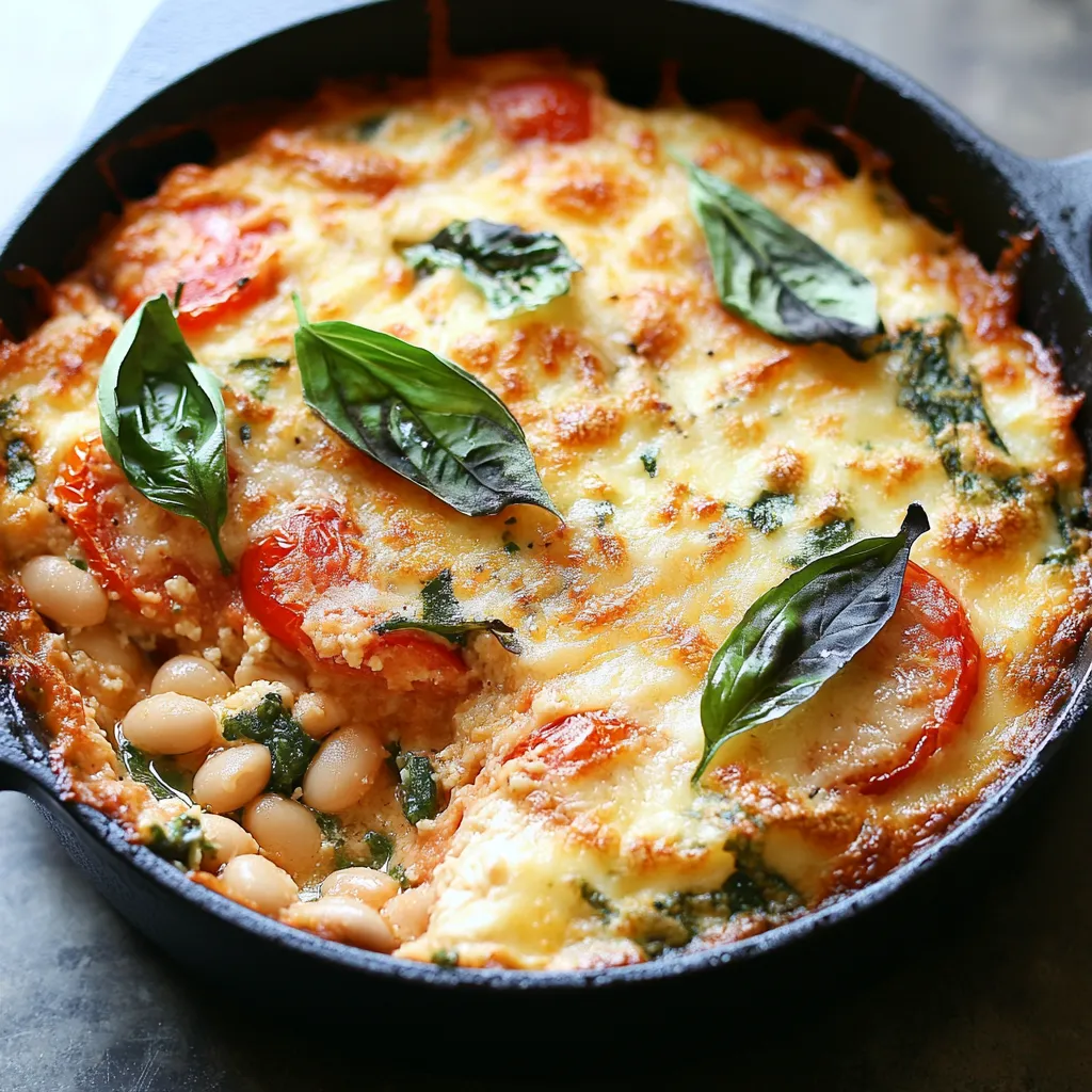 A pan of food with tomatoes, spinach, and beans.
