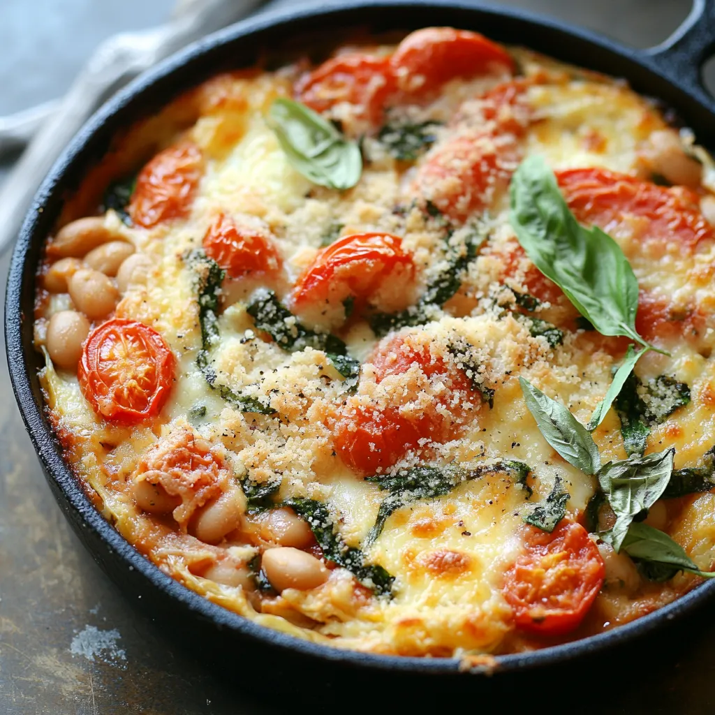 A dish with tomatoes, beans, and spinach.