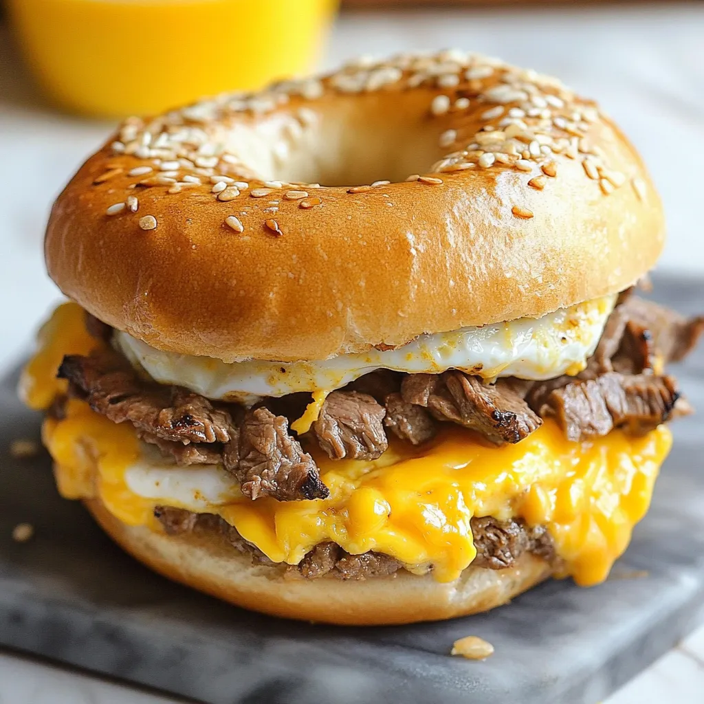 A bagel sandwich with meat and egg.