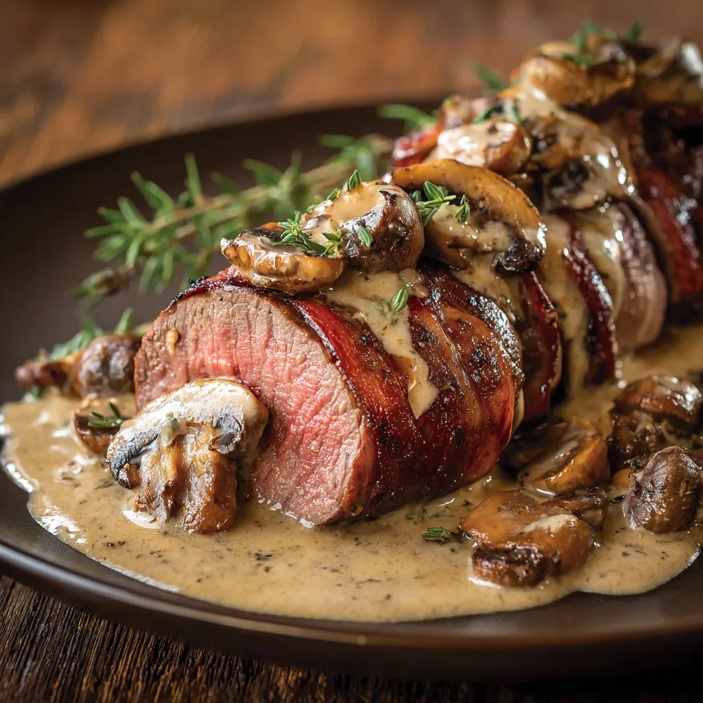 A plate of meat with mushrooms and herbs.