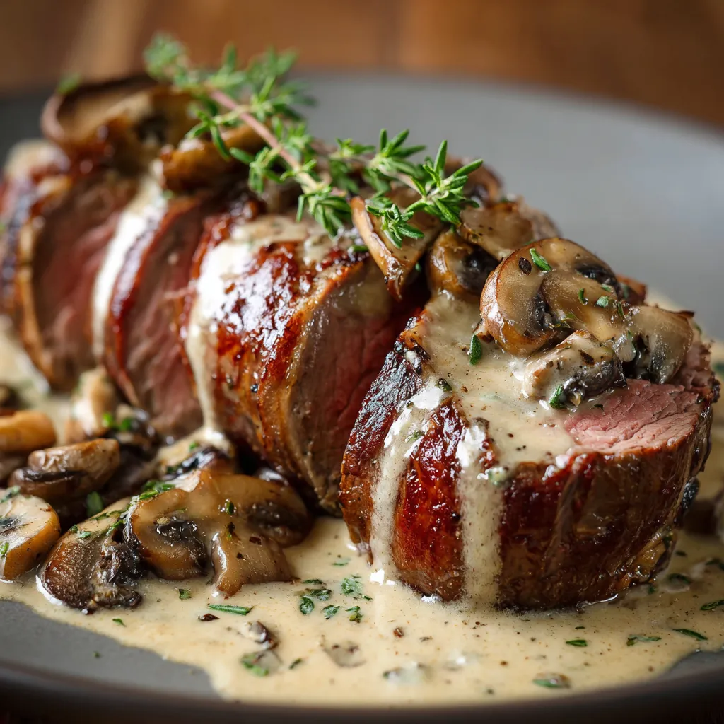 A plate of meat with mushrooms on top.