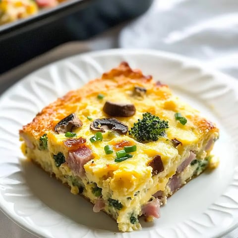 A generous piece of egg bake with broccoli, mushrooms, and green onions sitting on a white plate.