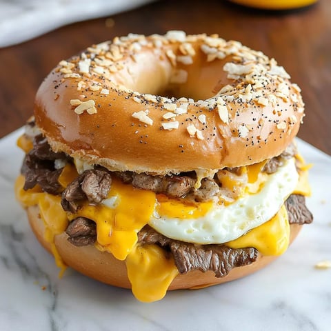 A bagel sandwich with meat, egg and cheese.