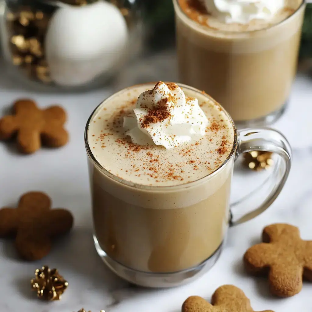 A whipped cream-topped latte in a mug, dusted with cinnamon, surrounded by festive gingerbread cookies.