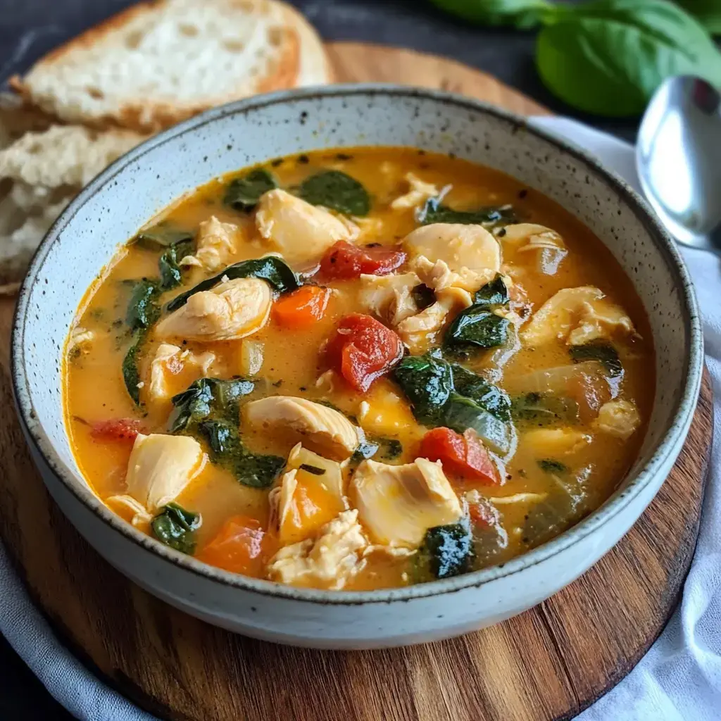A rustic bowl filled with silky chicken soup, colorful veggies, and a garnish of spinach, served with crusty bread.